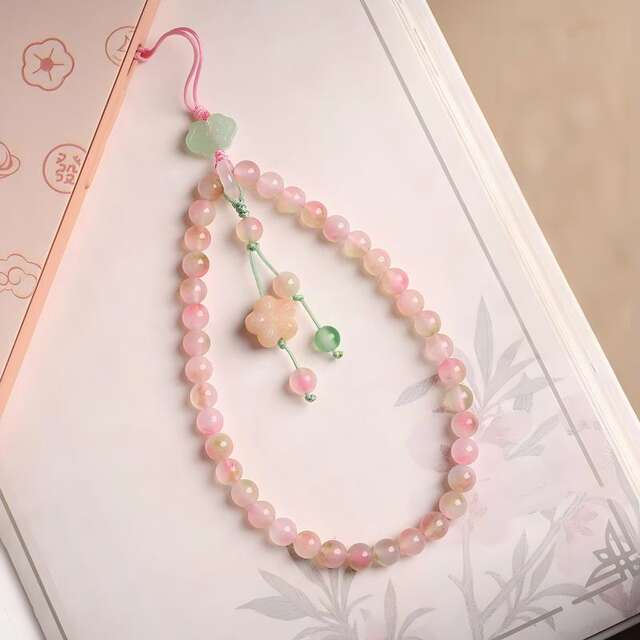 Girl's Favorite Peach and Peach Blossom Cloud Mobile Phone Lanyard, Exquisite High-End Wrist Beaded Phone Chain Pendant Accessory detail 4