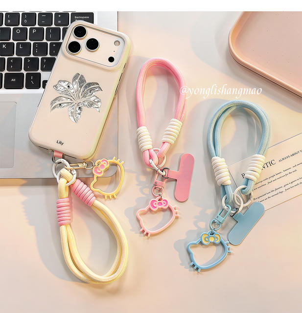 Cross-Border Wholesale Cartoon Kt Cat Phone Strap Girly Heart Bag Pendant Double-Ended Clip Hanging Chain Woven Wrist Strap detail 5