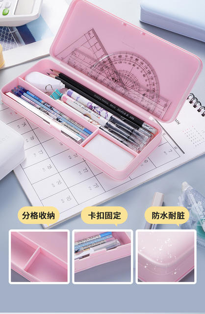 Macaroon stationery box handmade diy cream glue multifunctional plastic pencil box flip printed LOGO text detail 4
