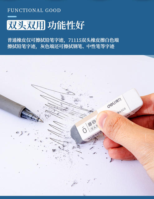 Deli 71115 Dual-Purpose Frosted Eraser for Erasing Ballpoint Pens, Gel Pens, Fountain Pens, and Water-Based Pens, Specifically for Students detail 5