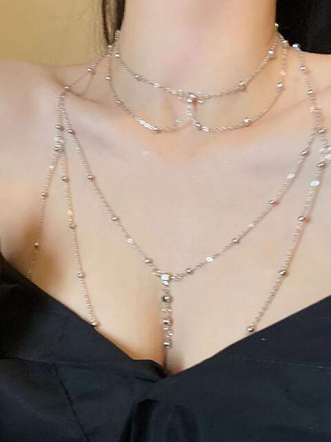 Fashionable Diamond Garden Bead Chain Body Chain Decorated with Sparkling Diamond Pendant Tassel Necklace Chest Chain Fashionable Women's European and American Trendy Chain detail 1