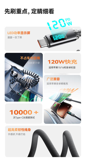 Spring-Loaded Digital Display 120W Super Fast Charging Type-C Data Cable Suitable for Apple, Huawei, Xiaomi Car Charger 6A Charging Cable detail 2