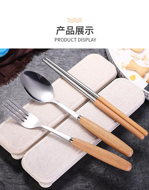 Wooden Handle Stainless Steel Portable Tableware Set Three-Piece Set of Spoons and Chopsticks for Home Use High-End Japanese-Style Gift Tableware Set detail 9