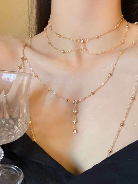 Fashionable Diamond Garden Bead Chain Body Chain Decorated with Sparkling Diamond Pendant Tassel Necklace Chest Chain Fashionable Women's European and American Trendy Chain detail 2