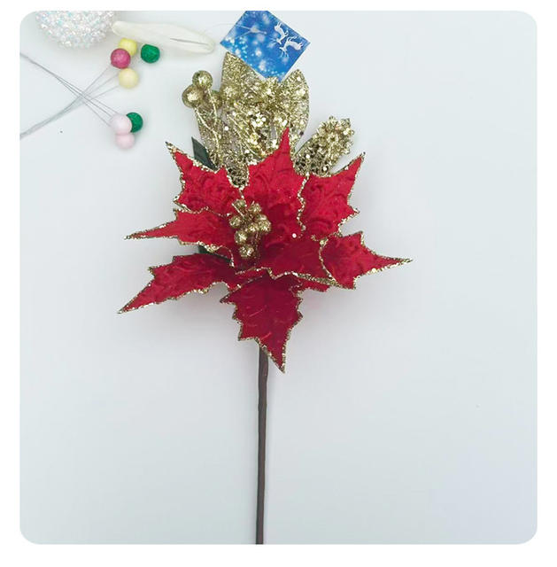 Mesh Hollow-Out Christmas Flower Maple Leaf-Shaped Fabric Flower Arrangement Artificial Christmas Decorations Christmas Flower Arrangement with Gold Glitter Flower Branches detail 10