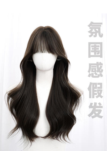 Qiushi wig women's wholesale cross-border daily online popular fluffy natural lifelike neat bangs long curly hair full head cover summer detail 3