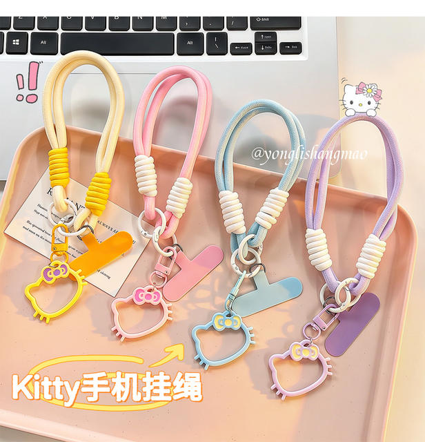 Cross-Border Wholesale Cartoon Kt Cat Phone Strap Girly Heart Bag Pendant Double-Ended Clip Hanging Chain Woven Wrist Strap detail 3