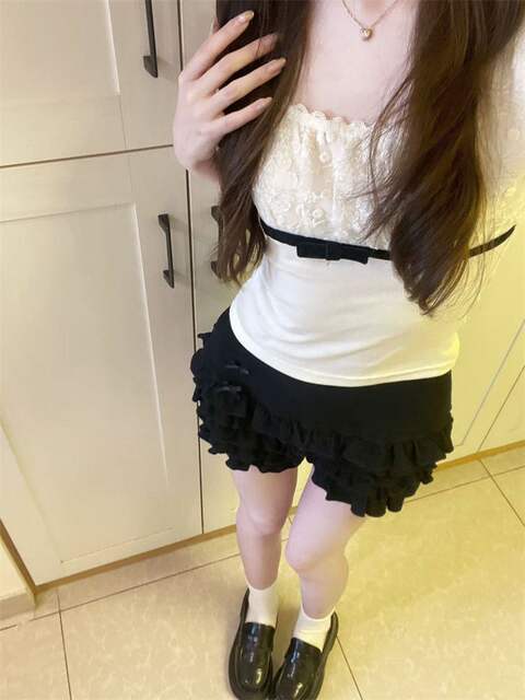 Korean-Style Lace Patchwork Bow Short-Sleeve T-Shirt for Women, Summer Slim-Fit Puff Sleeve Square Neck Top detail 3