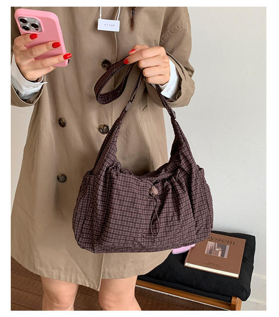 Bags 2025 New Korean Style Plaid Drawstring Pleated Cloud Bag Large Capacity Backpack Shoulder Bag Crossbody Bag Women's Bag detail 5