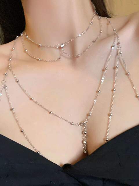 Fashionable Diamond Garden Bead Chain Body Chain Decorated with Sparkling Diamond Pendant Tassel Necklace Chest Chain Fashionable Women's European and American Trendy Chain detail 3