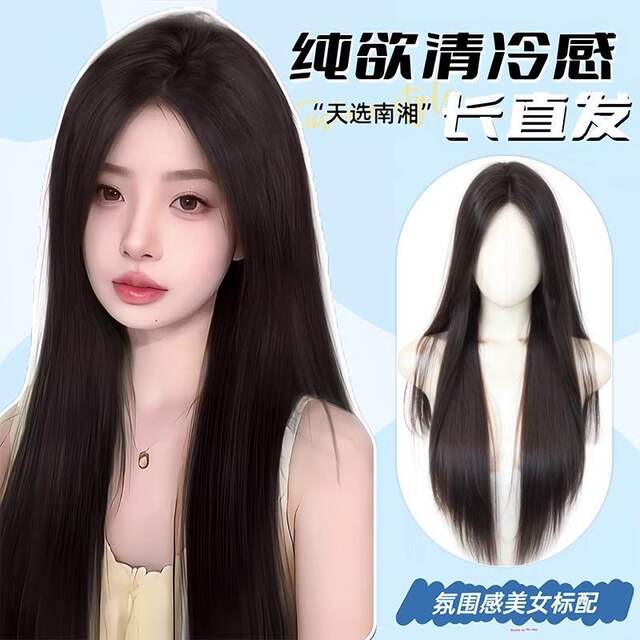 Full Lace Front Wig with Natural Seamless Middle Part Bangs, Black Long Straight Wig for Women with Long Hair detail 1