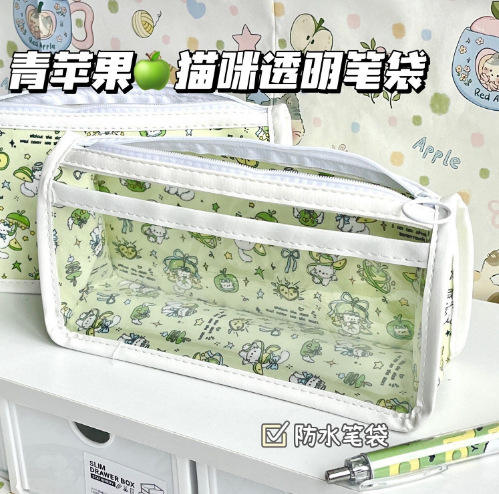 Xiaohongshu's Popular Ins High-Looking Cute Cartoon Transparent Triangle Pencil Bag Student-Specific Stationery Storage Bag detail 5