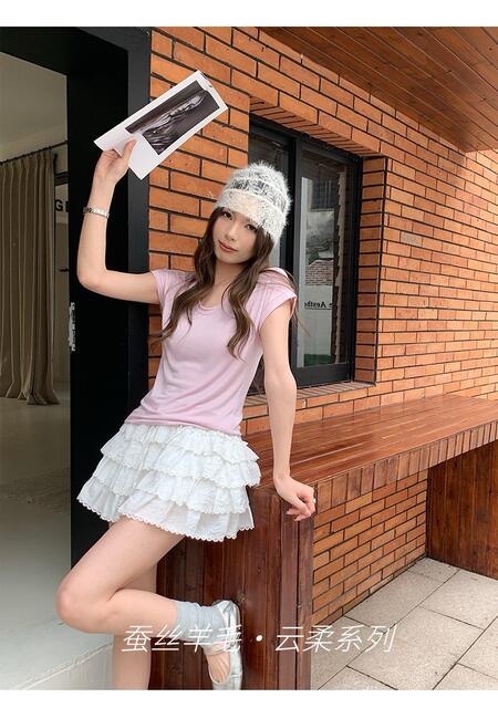High-Quality Silk Wool Short-Sleeve Modal Women's Flutter Sleeve U-Neck T-Shirt, Petite Design, Versatile Base Top detail 1