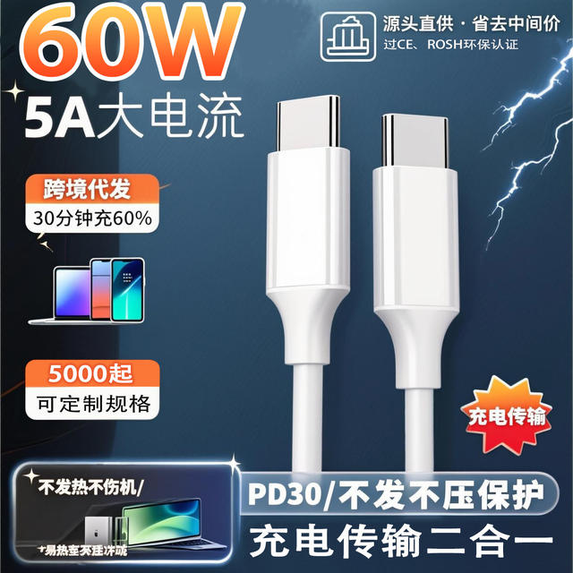 5A High-Current Dual-Head Type-C Fast Charging Data Cable, Compatible with All Mobile Phones, Can Transmit Data and Support Fast Charging