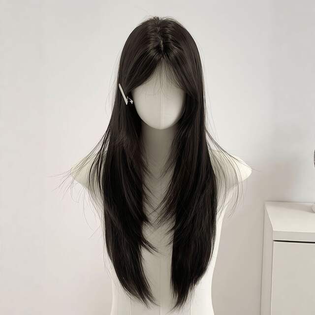 Full Head Wig for Women, Black Long Straight Natural Hair with a Center Parting, Finely Crafted High-Layered Long Straight Hair, Seamless Daily Full Wig detail 1