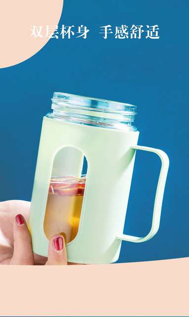 Glass Water Cup with Handle Double Layer Plastic Glass Cup Large Capacity Welfare Small Gift Office Business Plastic Shell Water Cup detail 4