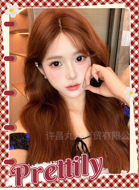 Wanwan Wig Caramel Brown Medium Parted Female Long Hair Wavy Wool Curly Long Curly Hair Wig Wig Set Full Headgear detail 1