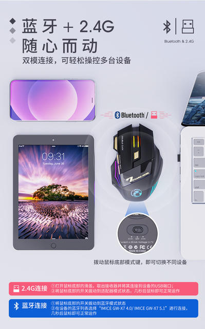 Imice Factory Direct Supply 7-Button Double-Click-Free 2.4g Silent Rechargeable X7 Breathing Light Wireless Gaming Mouse detail 12