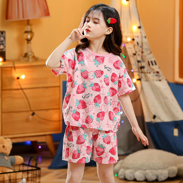 2024 New Kidsren's Summer Short-Sleeved Suit Home Clothes Pajamas Pure Cotton Thin Air-Conditioned Clothes Princess Girls Baby