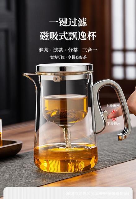 Heat-Resistant Magnetic Suction Tea Infuser Set with All-Glass Inner Liner, Tea-Water Separation Teapot, One-Touch Filter Tea Maker, Tea Cup detail 1