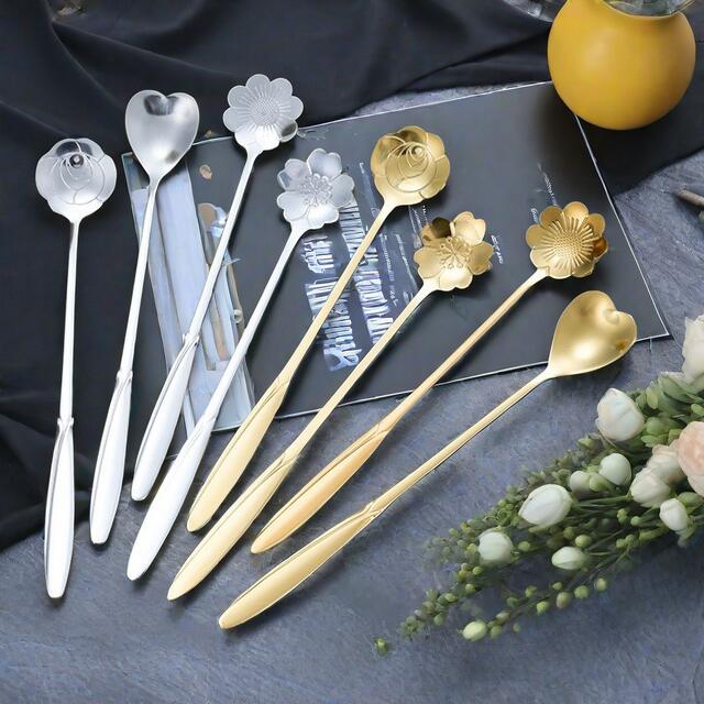 Stainless Steel Flower Spoon Cherry Blossom Rose Spoon Wedding Long Handle Heart-shaped Spoon Coffee Mixing Spoon Hand Gift Bird's Nest Honey detail 9