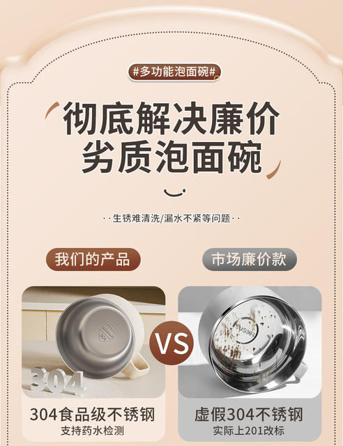 304 Stainless Steel Instant Noodle Bowl Student Dormitory Large Capacity Easy-To-Wash Instant Noodle Artifact Canteen Rice Bowl Lunch Box with Lid detail 3