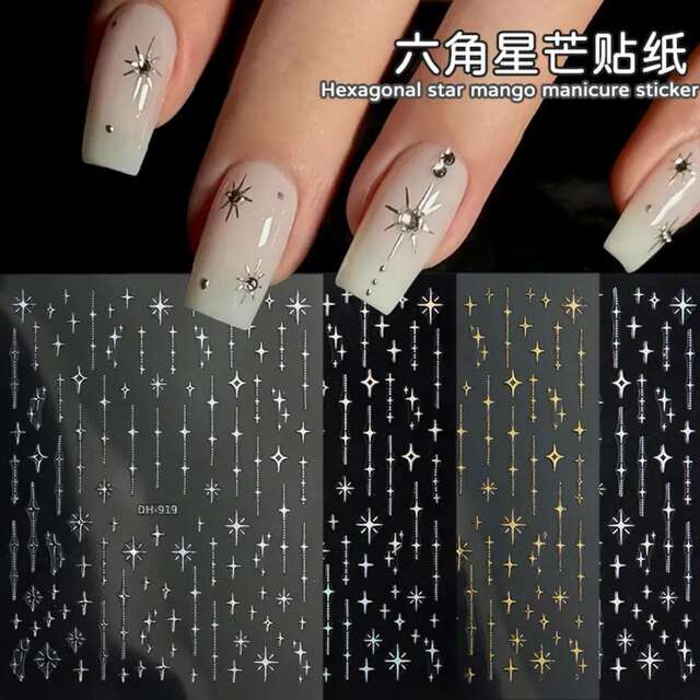 Trendy Hexagram Nail Stickers Ins Style Gold and Silver Adhesive Thin Flexible Nail Patches detail 12
