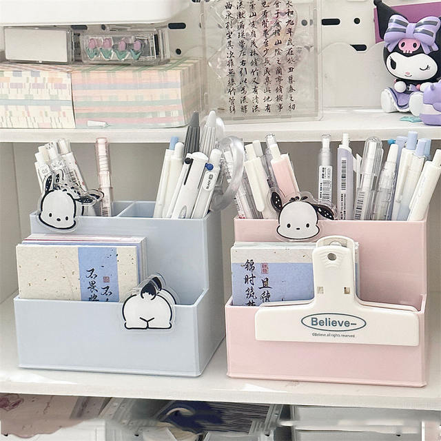 High-Value Cream-Colored Three-Compartment Pen Holder Ins Japanese-Style Desktop Multi-Compartment Storage Box Student Stationery Organizer Rack detail 2