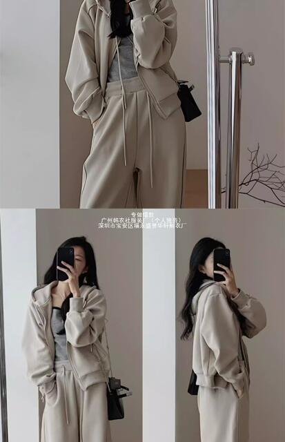 Early Autumn Outfit with a Complete Tea-Themed Set: Women's Hooded Sweatshirt and Wide-Leg Pants, Sporty Casual Two-Piece Set in Black detail 8