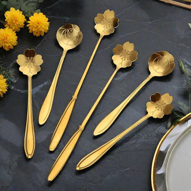 Stainless Steel Flower Spoon Cherry Blossom Rose Spoon Wedding Long Handle Heart-shaped Spoon Coffee Mixing Spoon Hand Gift Bird's Nest Honey detail 7