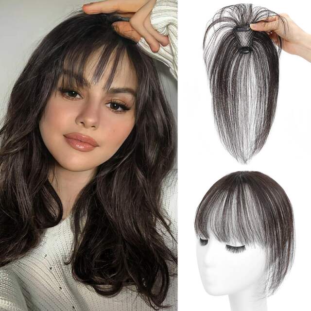 3D wig piece bangs hand-woven neat bangs female horoscope 10inc real person hair elegant bangs t-shaped golden wig piece detail 4