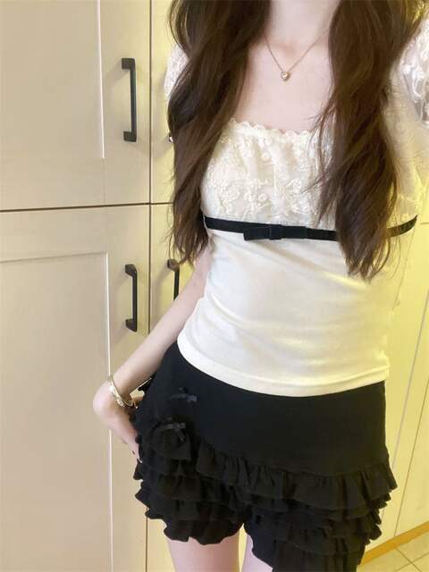 Korean-Style Lace Patchwork Bow Short-Sleeve T-Shirt for Women, Summer Slim-Fit Puff Sleeve Square Neck Top detail 4