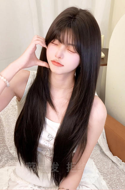 Black Tea-Colored Wig with Long Straight Hair, Slimming and Age-Reducing, K-Pop Style, High-Quality Daily Full Wig for Women, Export detail 12