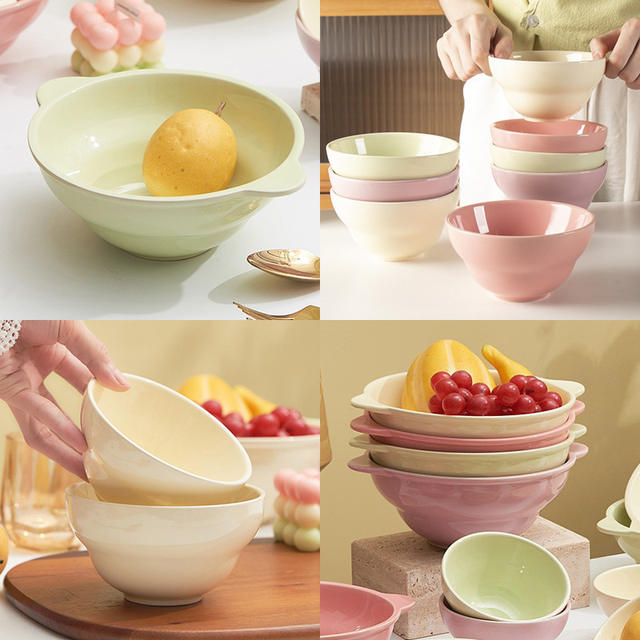 Ceramic Bowl with Two Handles for Home Use, Underglaze Color Soup Bowl, Noodle Bowl, Rice Bowl, Salad Bowl, Large Bowl, Double-Handle Bowl for Meals detail 5