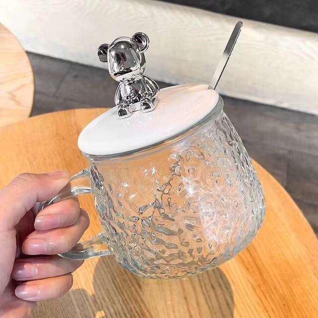 Creative Hammer-Patterned Bear Glass Cup for Women, Ins-Style High-Appearance Water Cup for Home Use with Lid, Transparent Breakfast Milk Cup detail 1