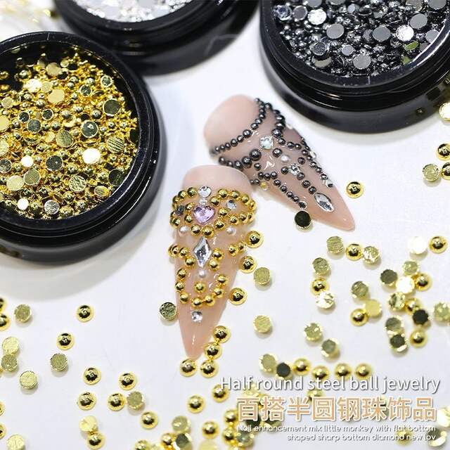 Wholesale Metal Semi-Circle Rivets Nail Art Jewelry Flats Bottom Solid Hemisphere Steel Beads Gold Silver Nail Accessories detail 3