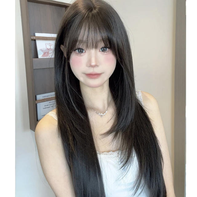 Wig Full Head Cover Women's Black Long Straight Long Hair Simulation Hair Air Bangs Fluffy Natural Daily Full Top Wig Hair Cover detail 1
