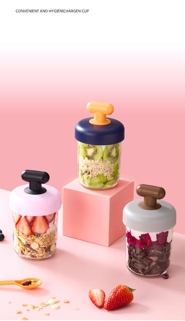 Glass Overnight Oats Cup, Portable Sealed Soy Milk Breakfast Yogurt Cup with Lid and Spoon, Milkshake Cereal Brewing Milk Cup detail 11