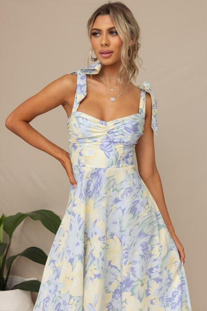 2025 Cross-Border Amazon European and American New Slim Fit Waist V Neck Suspender Printed Mid-Length Dress for Women detail 7