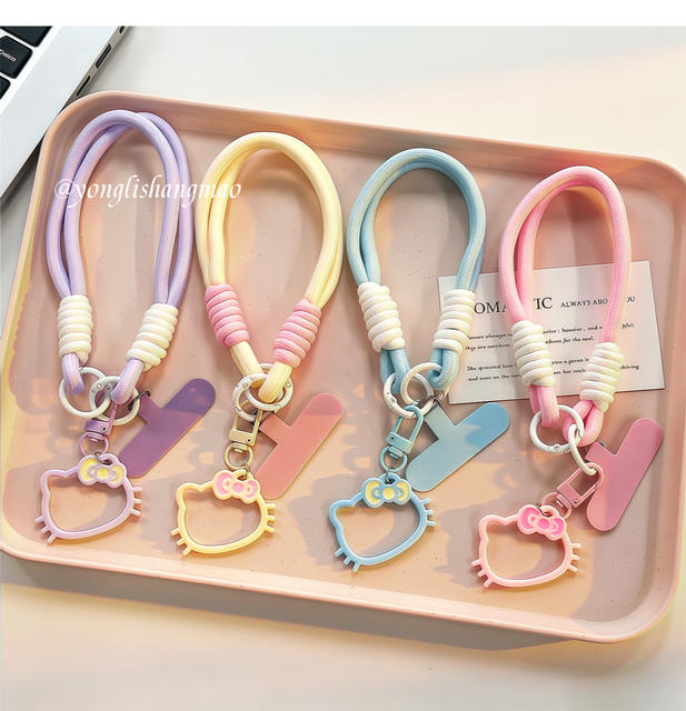Cross-Border Wholesale Cartoon Kt Cat Phone Strap Girly Heart Bag Pendant Double-Ended Clip Hanging Chain Woven Wrist Strap detail 6