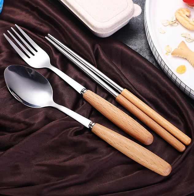 Wooden Handle Stainless Steel Portable Tableware Set Three-Piece Set of Spoons and Chopsticks for Home Use High-End Japanese-Style Gift Tableware Set detail 10