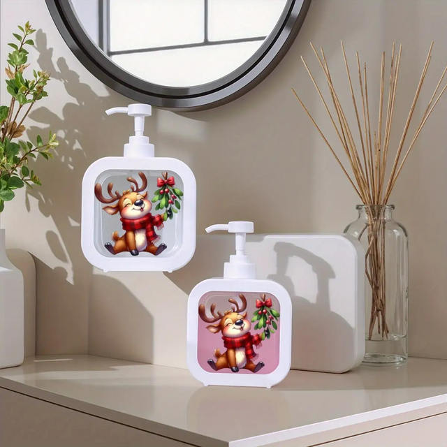 A Refillable Manual Pump Soap Dispenser with Cartoon Reindeer and Holly Designs - One Unit detail 6