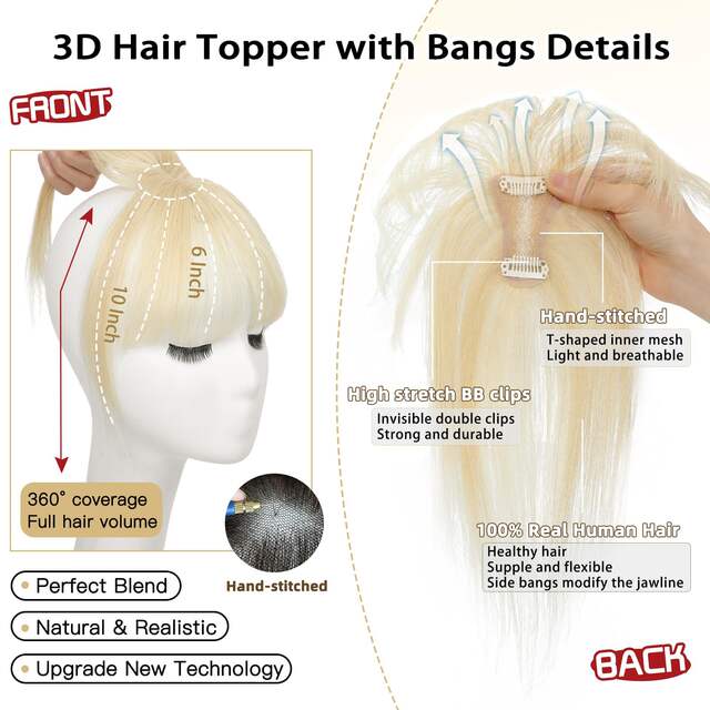 3D wig piece bangs hand-woven neat bangs female horoscope 10inc real person hair elegant bangs t-shaped golden wig piece detail 6