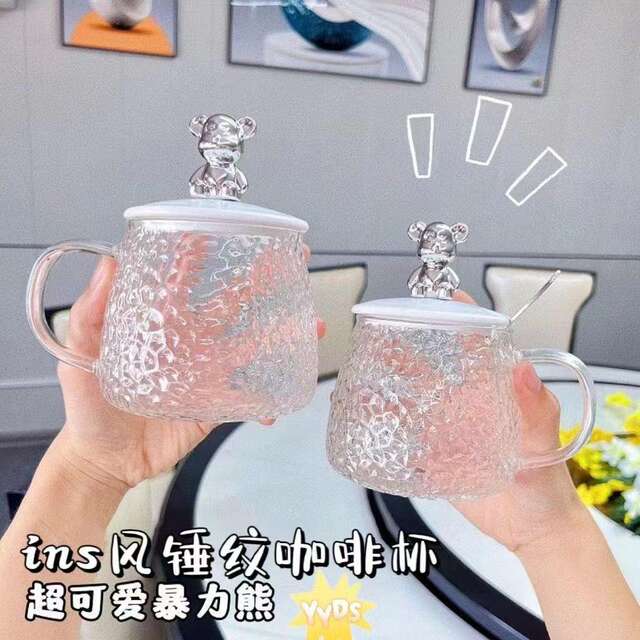 Little Bear Mark Glass Water Cup Glacier Household Heat-Resistant Glass Hammered Handle Cup Ins Breakfast Cup Logo Printing detail 4