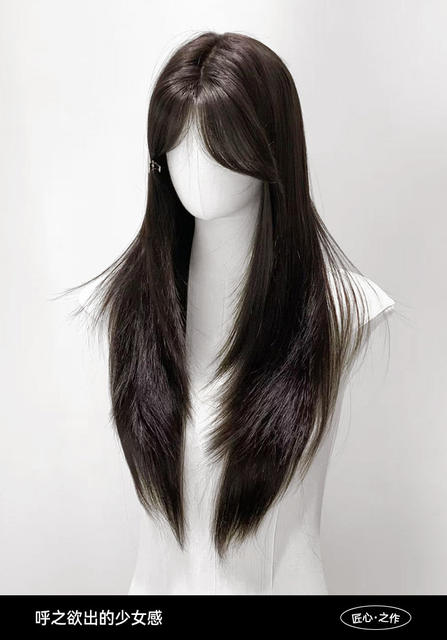 Xinxin wig women's cross-border wholesale black long straight natural simulation net red temperament atmosphere feeling eight-character bangs full head cover detail 4