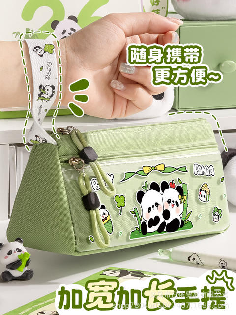 Triangular Large-Capacity Portable Pencil Bag, Cartoon National Trend Panda Cute Stationery Bag, Large-Capacity Pencil Case for Primary and Secondary School Students detail 5