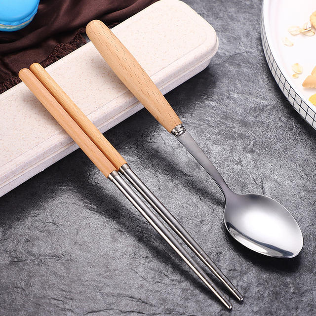 Wooden Handle Stainless Steel Portable Tableware Set Three-Piece Set of Spoons and Chopsticks for Home Use High-End Japanese-Style Gift Tableware Set detail 11