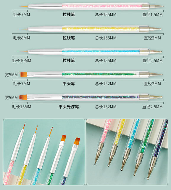 Nail art tools wholesale 5 nails painted pull line pen pen double point drill crystal art light therapy pen suit detail 7