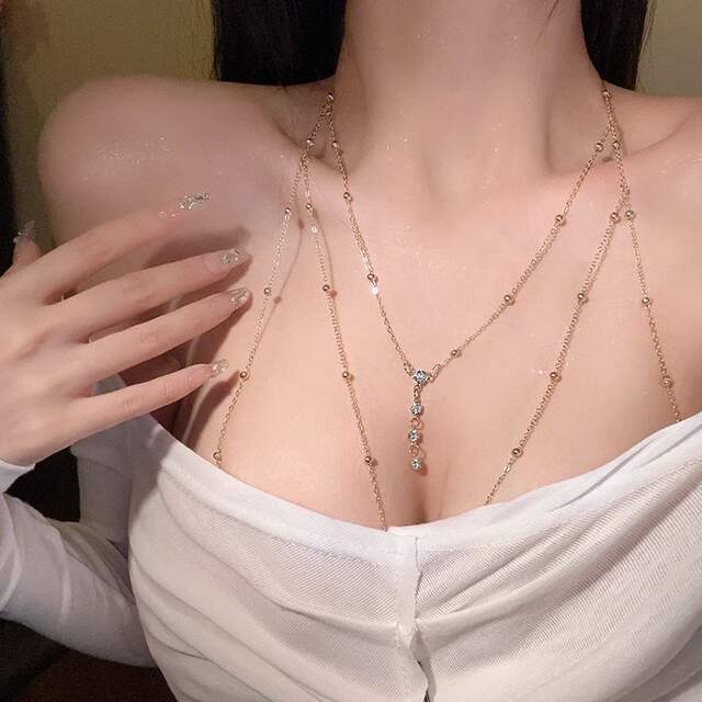 Fashionable Diamond Garden Bead Chain Body Chain Decorated with Sparkling Diamond Pendant Tassel Necklace Chest Chain Fashionable Women's European and American Trendy Chain detail 8