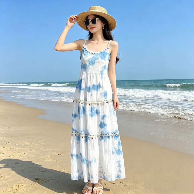 Yunnan and Guizhou Traditional Tie-Dye Blue-Dyed Dress, Handmade Tie-Dye Long Dress, Slimming, Gentle, Sweet, and Elegant Strap Dress detail 9